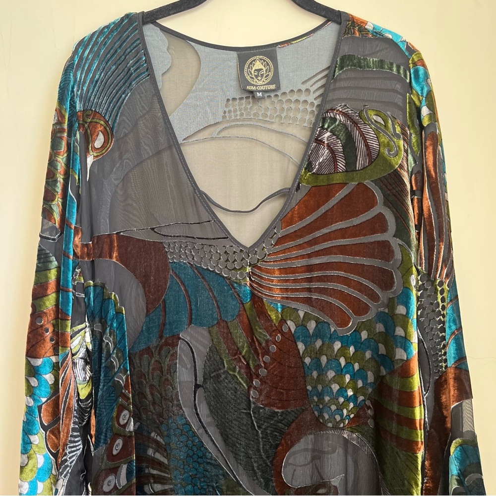 100% silk burnout velvet peacock tunic top - Picture 2 of 13
